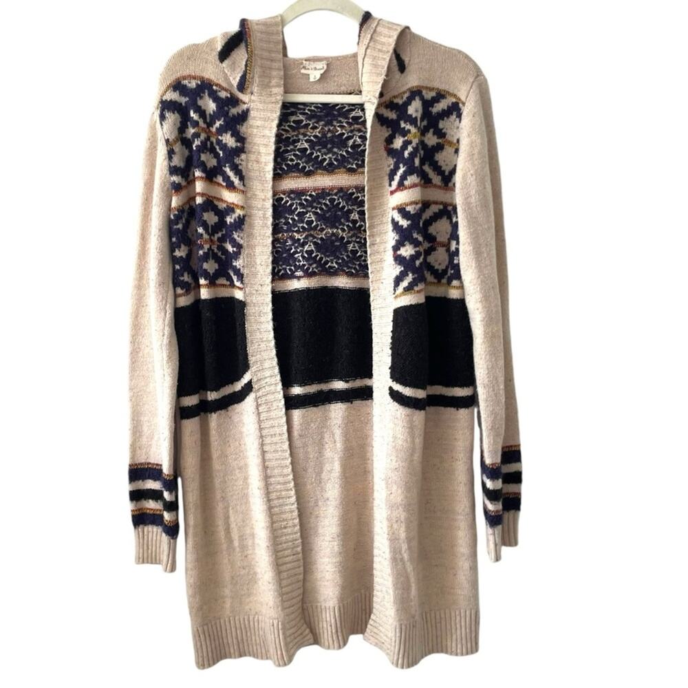 Hem & Thread Hooded Cardigan Long Sweater | Beige Blue Fair Aisle Size Small